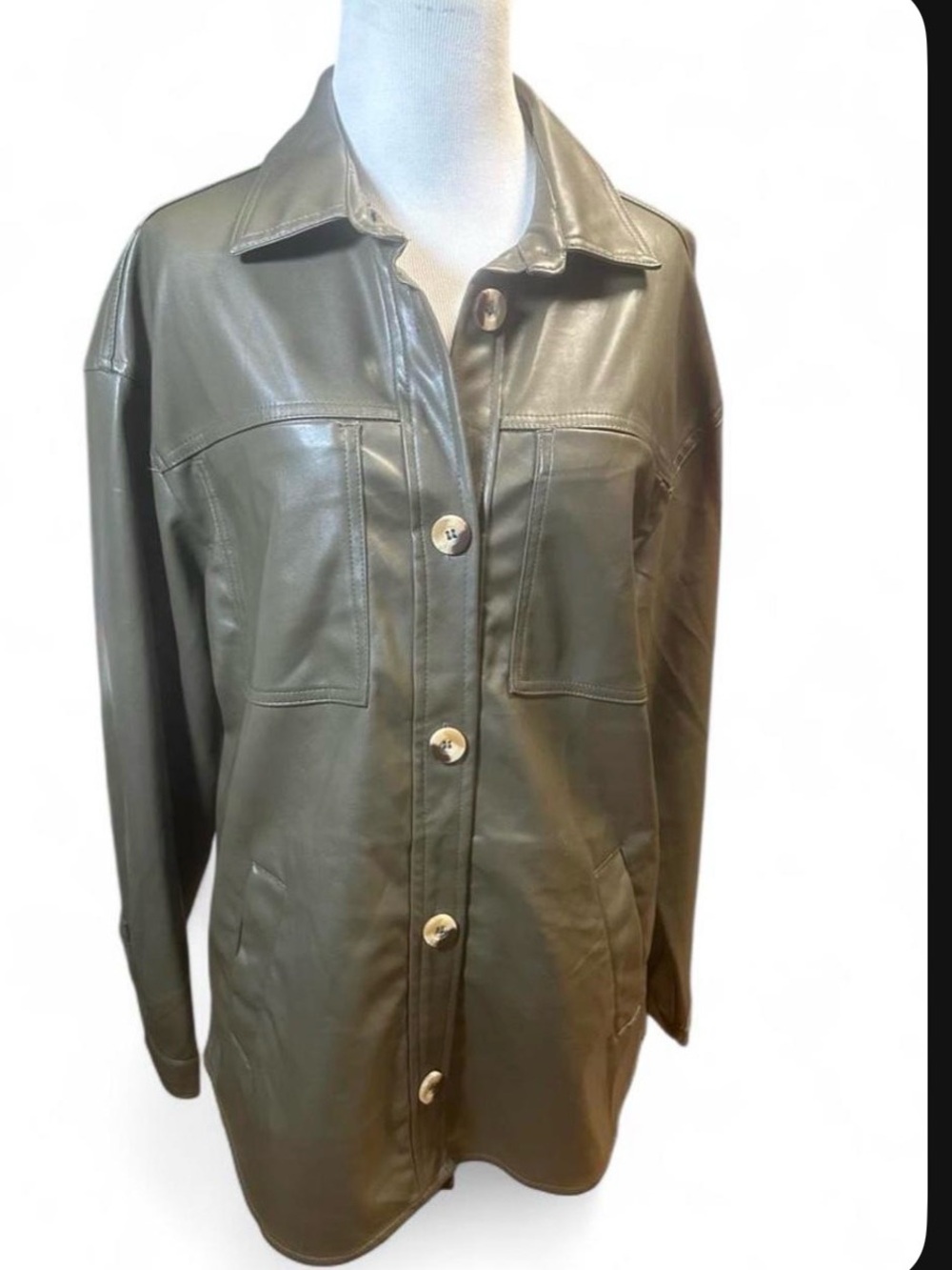 NWT Stoosh Olive Green Faux Leather Button-Up Shacket Size Large